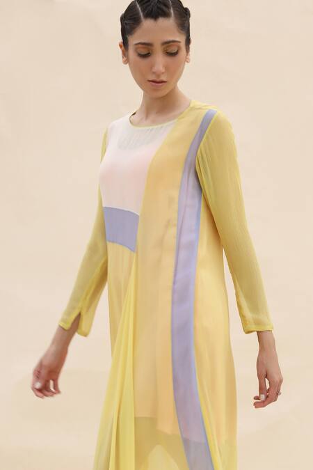 Shop_Abhishek Sharma_Yellow Chiffon Round Colorblock Draped Dress  _Online_at_Aza_Fashions