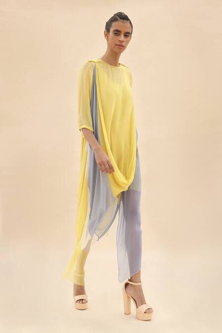 Abhishek Sharma Yellow Chiffon Straight Colorblock Draped Dress Online at Aza Fashions Abhishek Sharma_Yellow Chiffon Straight Colorblock Draped Dress _Online_at_Aza_Fashions
