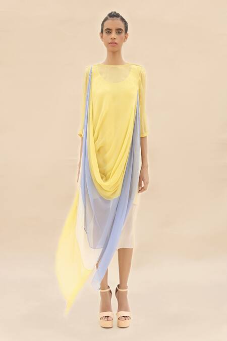 Buy Abhishek Sharma Yellow Chiffon Straight Colorblock Draped Dress Online at Aza Fashions Buy_Abhishek Sharma_Yellow Chiffon Straight Colorblock Draped Dress _Online_at_Aza_Fashions