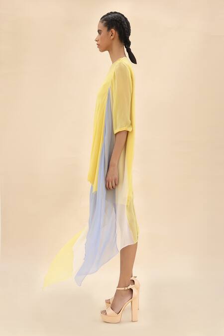 Shop Abhishek Sharma Yellow Chiffon Straight Colorblock Draped Dress Online at Aza Fashions Shop_Abhishek Sharma_Yellow Chiffon Straight Colorblock Draped Dress _Online_at_Aza_Fashions