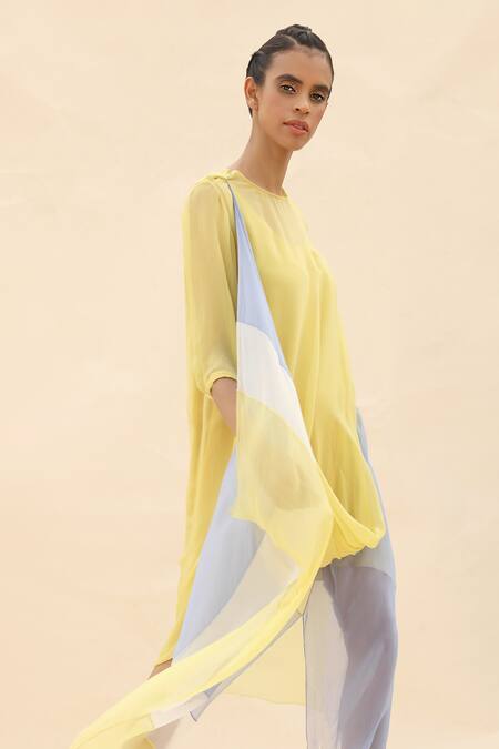 Abhishek Sharma Yellow Chiffon Straight Colorblock Draped Dress at Aza Fashions Abhishek Sharma_Yellow Chiffon Straight Colorblock Draped Dress _at_Aza_Fashions