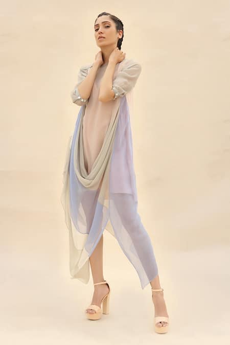Abhishek Sharma Grey Chiffon Round Colorblock Cowl Draped Dress