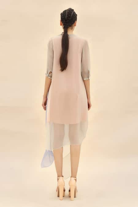 Shop Abhishek Sharma Grey Chiffon Round Colorblock Cowl Draped Dress at Aza Fashions Shop_Abhishek Sharma_Grey Chiffon Round Colorblock Cowl Draped Dress _at_Aza_Fashions