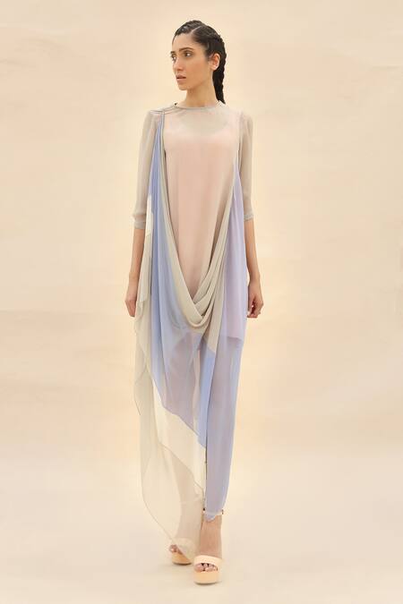 Abhishek Sharma Grey Chiffon Round Colorblock Cowl Draped Dress Online at Aza Fashions Abhishek Sharma_Grey Chiffon Round Colorblock Cowl Draped Dress _Online_at_Aza_Fashions