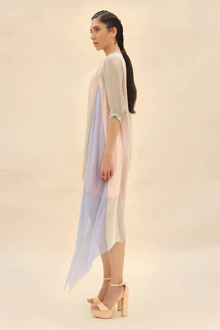 Buy Abhishek Sharma Grey Chiffon Round Colorblock Cowl Draped Dress Online at Aza Fashions Buy_Abhishek Sharma_Grey Chiffon Round Colorblock Cowl Draped Dress _Online_at_Aza_Fashions