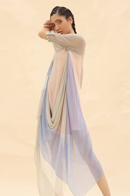 Shop Abhishek Sharma Grey Chiffon Round Colorblock Cowl Draped Dress Online at Aza Fashions Shop_Abhishek Sharma_Grey Chiffon Round Colorblock Cowl Draped Dress _Online_at_Aza_Fashions