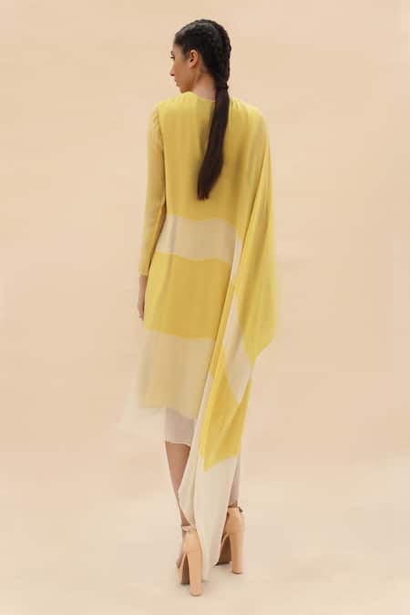 Shop Abhishek Sharma Yellow Chiffon Round Colorblock Draped Tunic at Aza Fashions Shop_Abhishek Sharma_Yellow Chiffon Round Colorblock Draped Tunic _at_Aza_Fashions