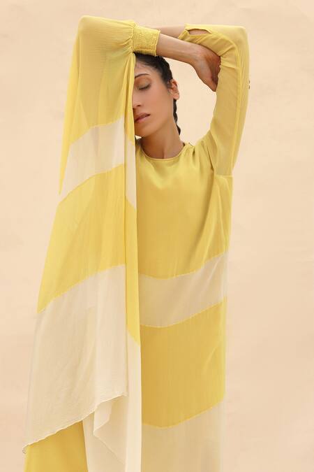 Buy Abhishek Sharma Yellow Chiffon Round Colorblock Draped Tunic Online at Aza Fashions Buy_Abhishek Sharma_Yellow Chiffon Round Colorblock Draped Tunic _Online_at_Aza_Fashions