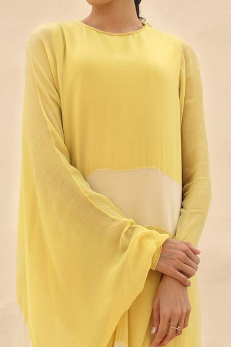 Shop Abhishek Sharma Yellow Chiffon Round Colorblock Draped Tunic Online at Aza Fashions Shop_Abhishek Sharma_Yellow Chiffon Round Colorblock Draped Tunic _Online_at_Aza_Fashions