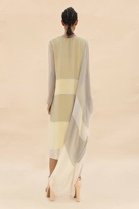 Shop Abhishek Sharma Grey Chiffon Round Colorblock Draped Tunic at Aza Fashions Shop_Abhishek Sharma_Grey Chiffon Round Colorblock Draped Tunic _at_Aza_Fashions