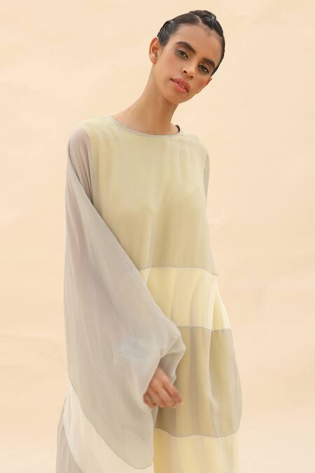 Buy Abhishek Sharma Grey Chiffon Round Colorblock Draped Tunic Online at Aza Fashions Buy_Abhishek Sharma_Grey Chiffon Round Colorblock Draped Tunic _Online_at_Aza_Fashions