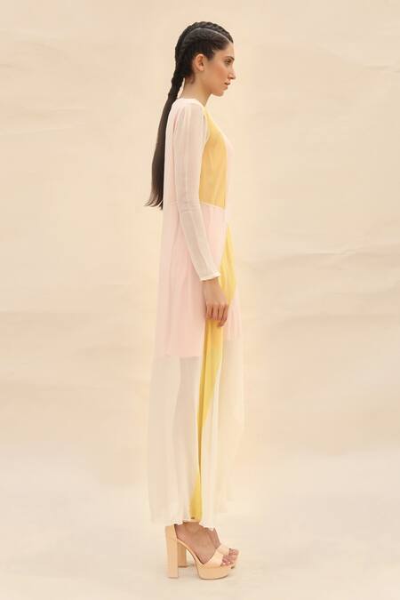 Abhishek Sharma White Chiffon Boat Colorblock Draped Dress Online at Aza Fashions Abhishek Sharma_White Chiffon Boat Colorblock Draped Dress _Online_at_Aza_Fashions