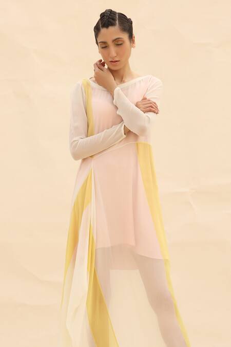 Shop Abhishek Sharma White Chiffon Boat Colorblock Draped Dress Online at Aza Fashions Shop_Abhishek Sharma_White Chiffon Boat Colorblock Draped Dress _Online_at_Aza_Fashions
