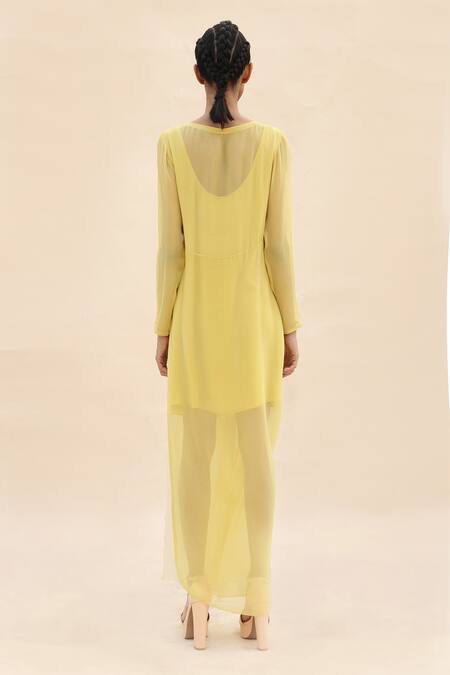 Shop Abhishek Sharma Yellow Chiffon Boat Colorblock Draped Dress at Aza Fashions Shop_Abhishek Sharma_Yellow Chiffon Boat Colorblock Draped Dress _at_Aza_Fashions