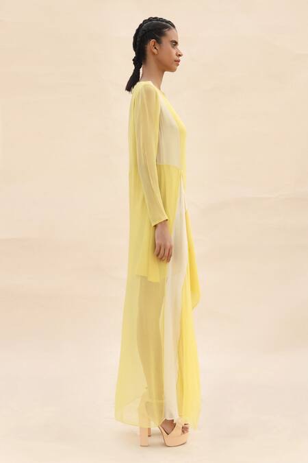 Abhishek Sharma Yellow Chiffon Boat Colorblock Draped Dress Online at Aza Fashions Abhishek Sharma_Yellow Chiffon Boat Colorblock Draped Dress _Online_at_Aza_Fashions
