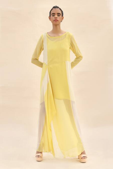 Buy Abhishek Sharma Yellow Chiffon Boat Colorblock Draped Dress Online at Aza Fashions Buy_Abhishek Sharma_Yellow Chiffon Boat Colorblock Draped Dress _Online_at_Aza_Fashions