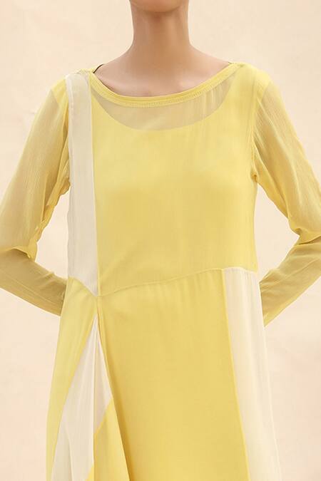Abhishek Sharma Yellow Chiffon Boat Colorblock Draped Dress at Aza Fashions Abhishek Sharma_Yellow Chiffon Boat Colorblock Draped Dress _at_Aza_Fashions