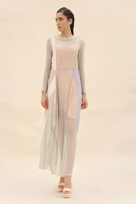 Abhishek Sharma Grey Chiffon Boat Colorblock Draped Dress