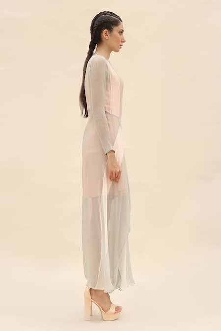 Abhishek Sharma Grey Chiffon Boat Colorblock Draped Dress Online at Aza Fashions Abhishek Sharma_Grey Chiffon Boat Colorblock Draped Dress _Online_at_Aza_Fashions