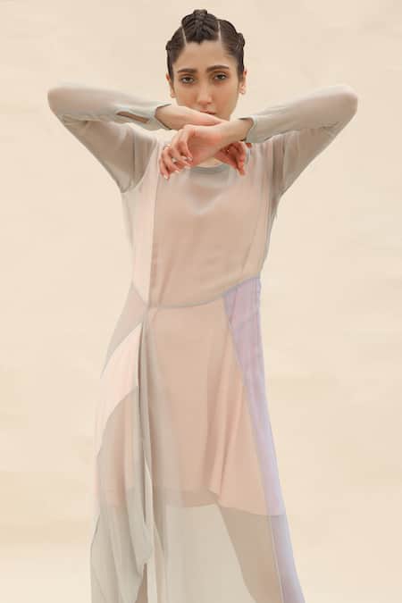 Shop Abhishek Sharma Grey Chiffon Boat Colorblock Draped Dress Online at Aza Fashions Shop_Abhishek Sharma_Grey Chiffon Boat Colorblock Draped Dress _Online_at_Aza_Fashions