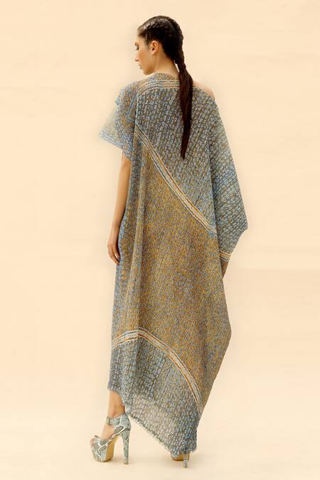 Shop Abhishek Sharma Blue Georgette Asymmetric Tie-dye Print Dress at Aza Fashions Shop_Abhishek Sharma_Blue Georgette Asymmetric Tie-dye Print Dress _at_Aza_Fashions