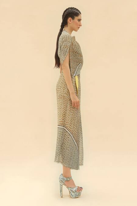 Abhishek Sharma_Green Georgette Asymmetric Tie-dye Print Dress _Online_at_Aza_Fashions