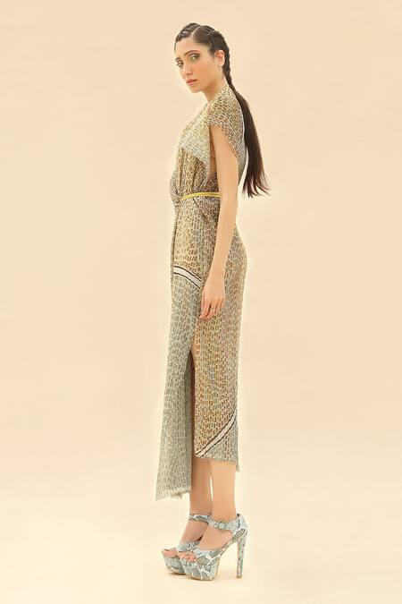 Buy_Abhishek Sharma_Green Georgette Asymmetric Tie-dye Print Dress _Online_at_Aza_Fashions