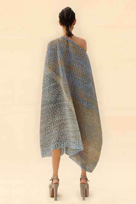 Shop Abhishek Sharma Blue Georgette Asymmetric Tie-dye Print Dress at Aza Fashions Shop_Abhishek Sharma_Blue Georgette Asymmetric Tie-dye Print Dress _at_Aza_Fashions