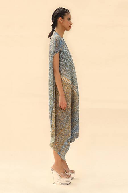 Abhishek Sharma_Blue Georgette High Neck Tie-dye Print Dress _Online_at_Aza_Fashions