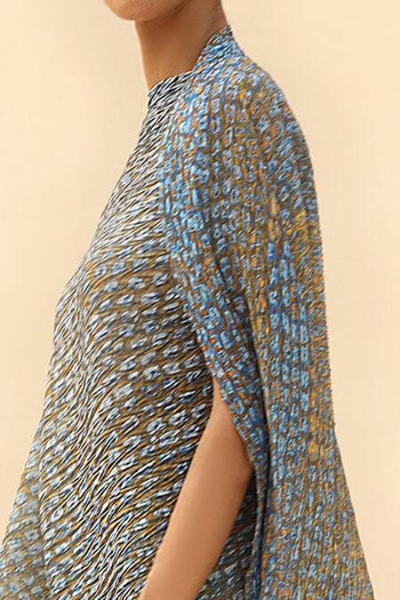 Buy_Abhishek Sharma_Blue Georgette High Neck Tie-dye Print Dress _Online_at_Aza_Fashions