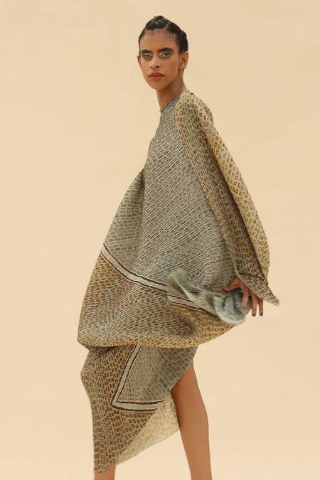 Shop Abhishek Sharma Green Georgette Asymmetric Tie-dye Print Dress Online at Aza Fashions Shop_Abhishek Sharma_Green Georgette Asymmetric Tie-dye Print Dress _Online_at_Aza_Fashions