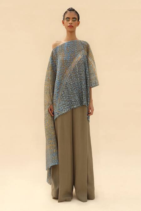 Buy Abhishek Sharma Blue Georgette Asymmetric Draped Top And Pant Set Online at Aza Fashions Buy_Abhishek Sharma_Blue Georgette Asymmetric Draped Top And Pant Set _Online_at_Aza_Fashions