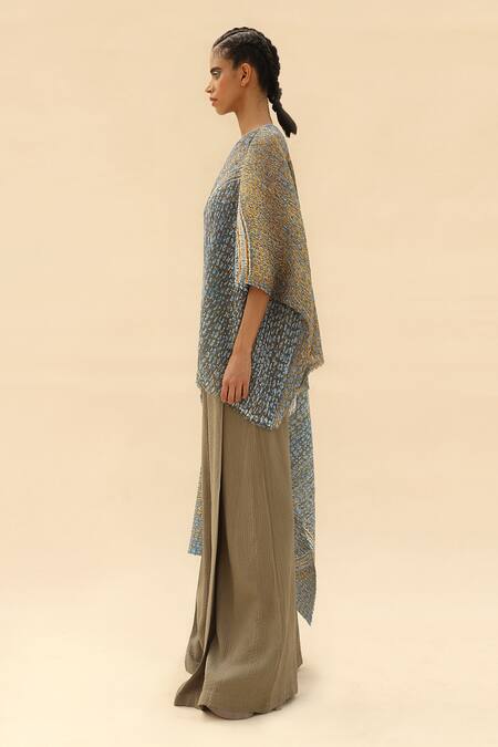 Shop Abhishek Sharma Blue Georgette Asymmetric Draped Top And Pant Set Online at Aza Fashions Shop_Abhishek Sharma_Blue Georgette Asymmetric Draped Top And Pant Set _Online_at_Aza_Fashions