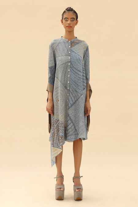 Abhishek Sharma Blue Mandarin Collar Tie-dye Print Shirt Dress