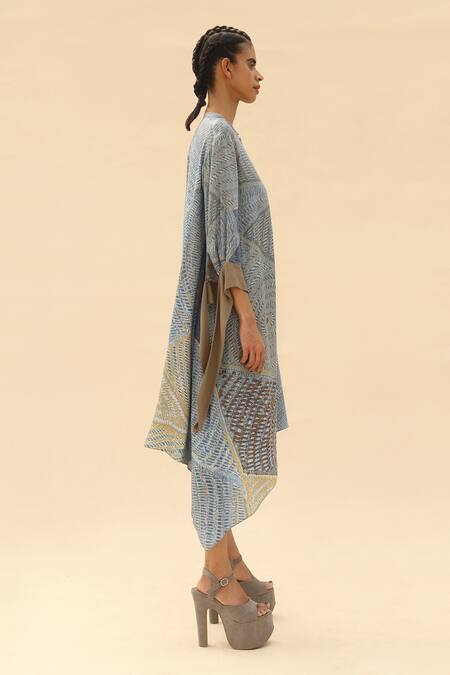 Abhishek Sharma_Blue Mandarin Collar Tie-dye Print Shirt Dress _Online_at_Aza_Fashions