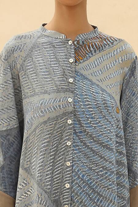 Abhishek Sharma_Blue Mandarin Collar Tie-dye Print Shirt Dress _at_Aza_Fashions