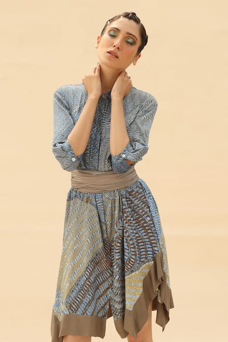Abhishek Sharma Blue Shirt Collar Tie-dye Print Dress