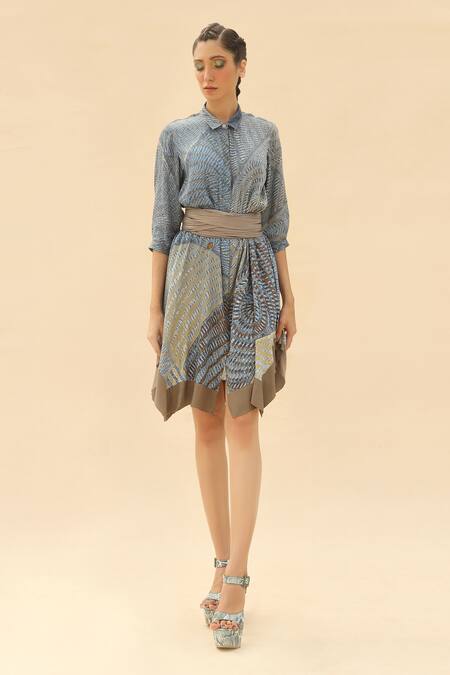 Buy Abhishek Sharma Blue Shirt Collar Tie-dye Print Dress Online at Aza Fashions Buy_Abhishek Sharma_Blue Shirt Collar Tie-dye Print Dress _Online_at_Aza_Fashions