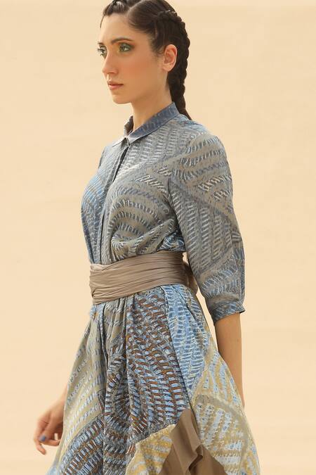 Shop Abhishek Sharma Blue Shirt Collar Tie-dye Print Dress Online at Aza Fashions Shop_Abhishek Sharma_Blue Shirt Collar Tie-dye Print Dress _Online_at_Aza_Fashions