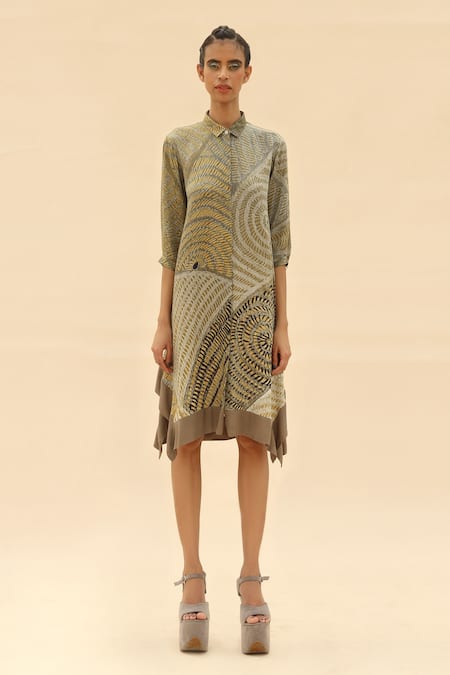Abhishek Sharma Green Shirt Collar Tie-dye Print Dress