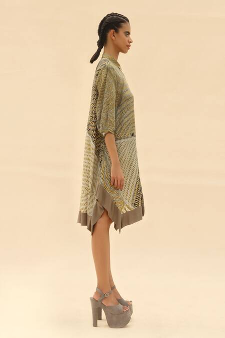 Abhishek Sharma Green Shirt Collar Tie-dye Print Dress Online at Aza Fashions Abhishek Sharma_Green Shirt Collar Tie-dye Print Dress _Online_at_Aza_Fashions