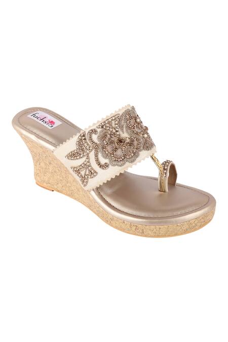 Fuchsia by aashaka mehta_Beige Embroidery Kolhapuri Wedges_Online_at_Aza_Fashions