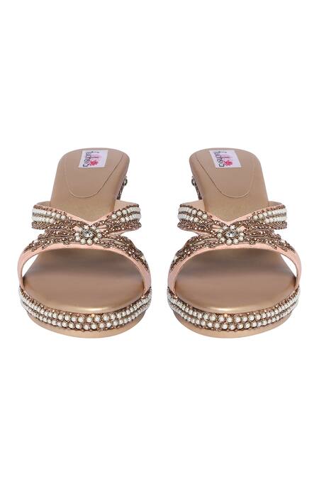 Shop_Fuchsia by aashaka mehta_Peach Embroidery, Beads Silk Embellished Wedges_at_Aza_Fashions