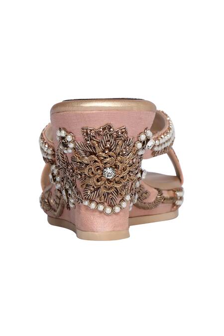 Buy_Fuchsia by aashaka mehta_Peach Embroidery, Beads Silk Embellished Wedges_Online_at_Aza_Fashions