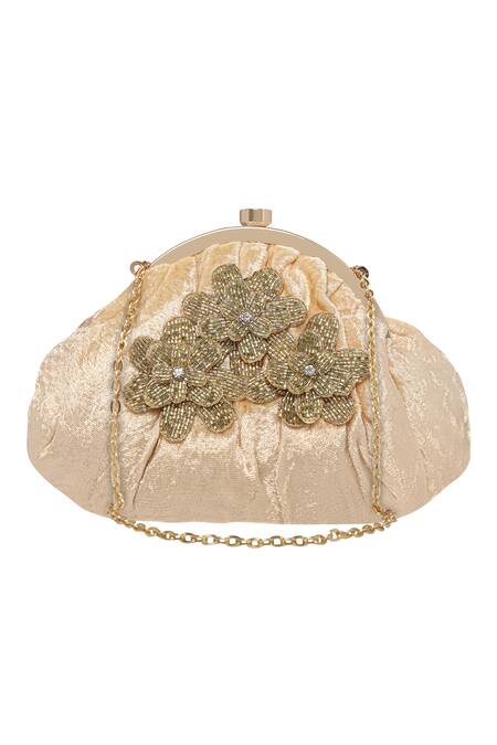 Shop Fuchsia by aashaka mehta Gold Beads, Embroidery Velvet Clutch With Sling Online at Aza Fashions Shop_Fuchsia by aashaka mehta_Gold Beads, Embroidery Velvet Clutch With Sling _Online_at_Aza_Fashions