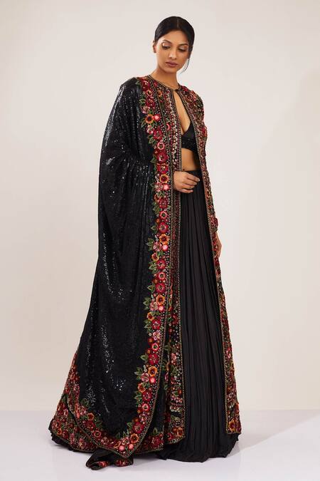 Buy_Nakul Sen_Black Chiffon Jacket Round Embroidered And Lehenga Set_Online_at_Aza_Fashions