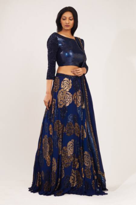 Nakul Sen_Blue Chiffon Round Embroidered Bridal Lehenga Set_Online_at_Aza_Fashions