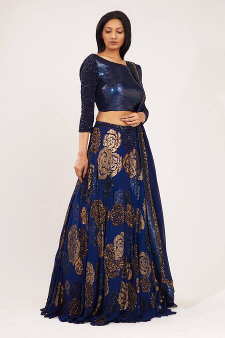Buy_Nakul Sen_Blue Chiffon Round Embroidered Bridal Lehenga Set_Online_at_Aza_Fashions