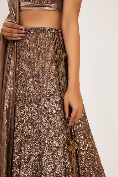 Nakul Sen_Brown Chiffon V Neck Embroidered Bridal Lehenga Set _Online_at_Aza_Fashions