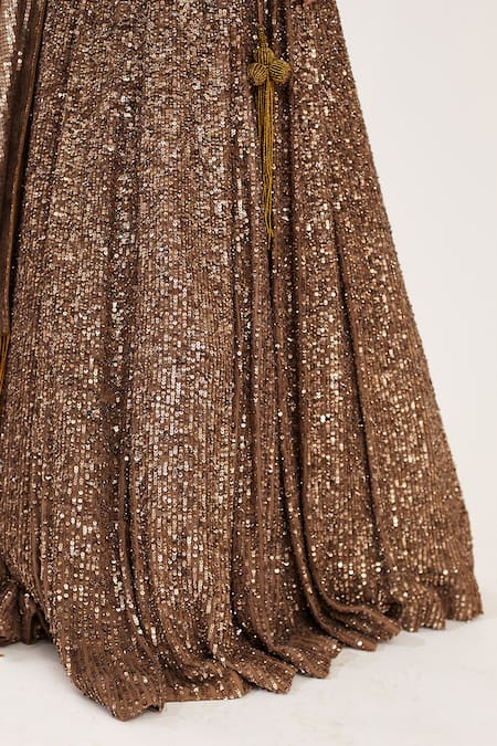 Buy_Nakul Sen_Brown Chiffon V Neck Embroidered Bridal Lehenga Set _Online_at_Aza_Fashions